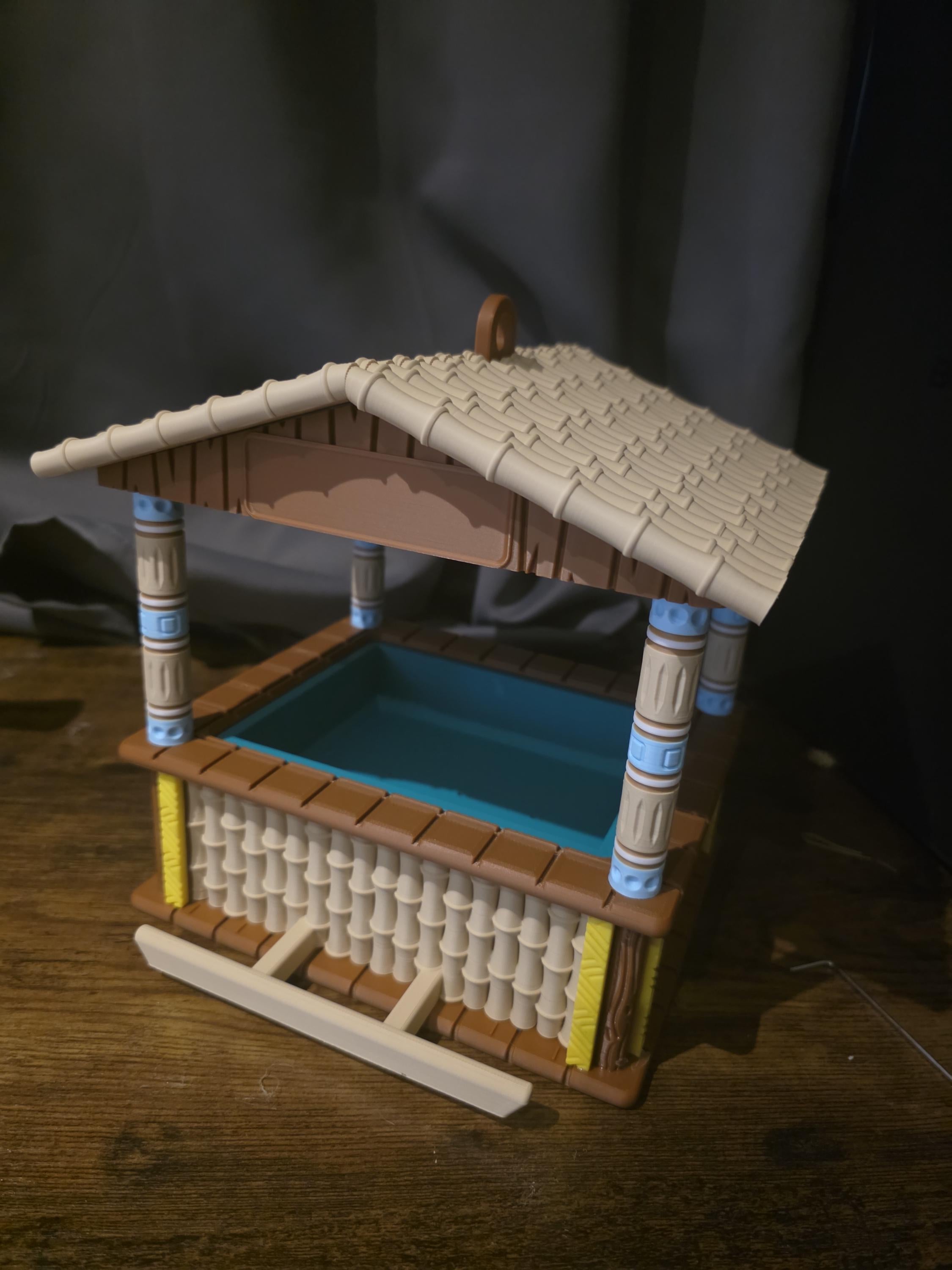 Hanging 3D printed Tiki bar themed birdhouse feeder