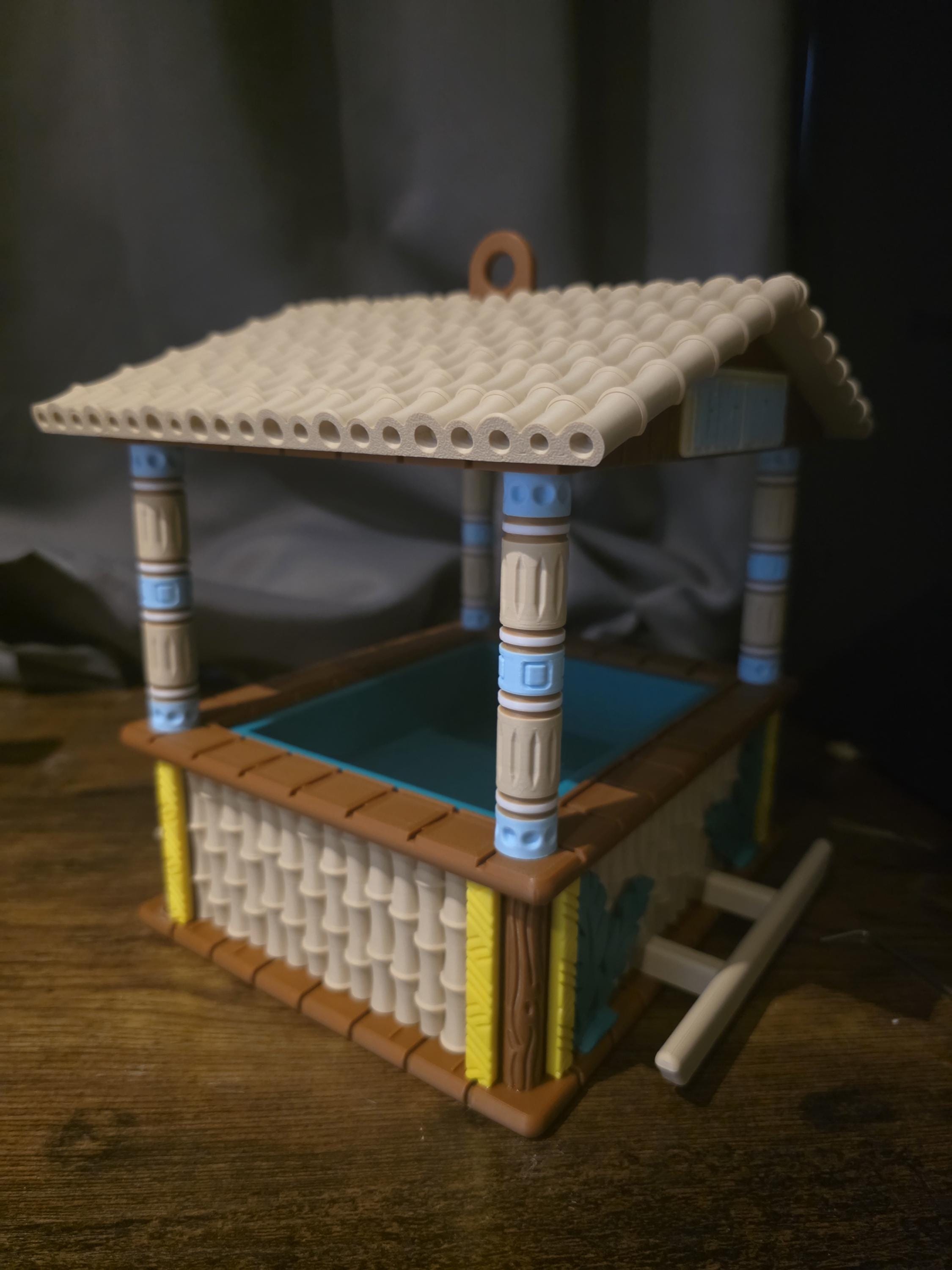 Hanging 3D printed Tiki bar themed birdhouse feeder