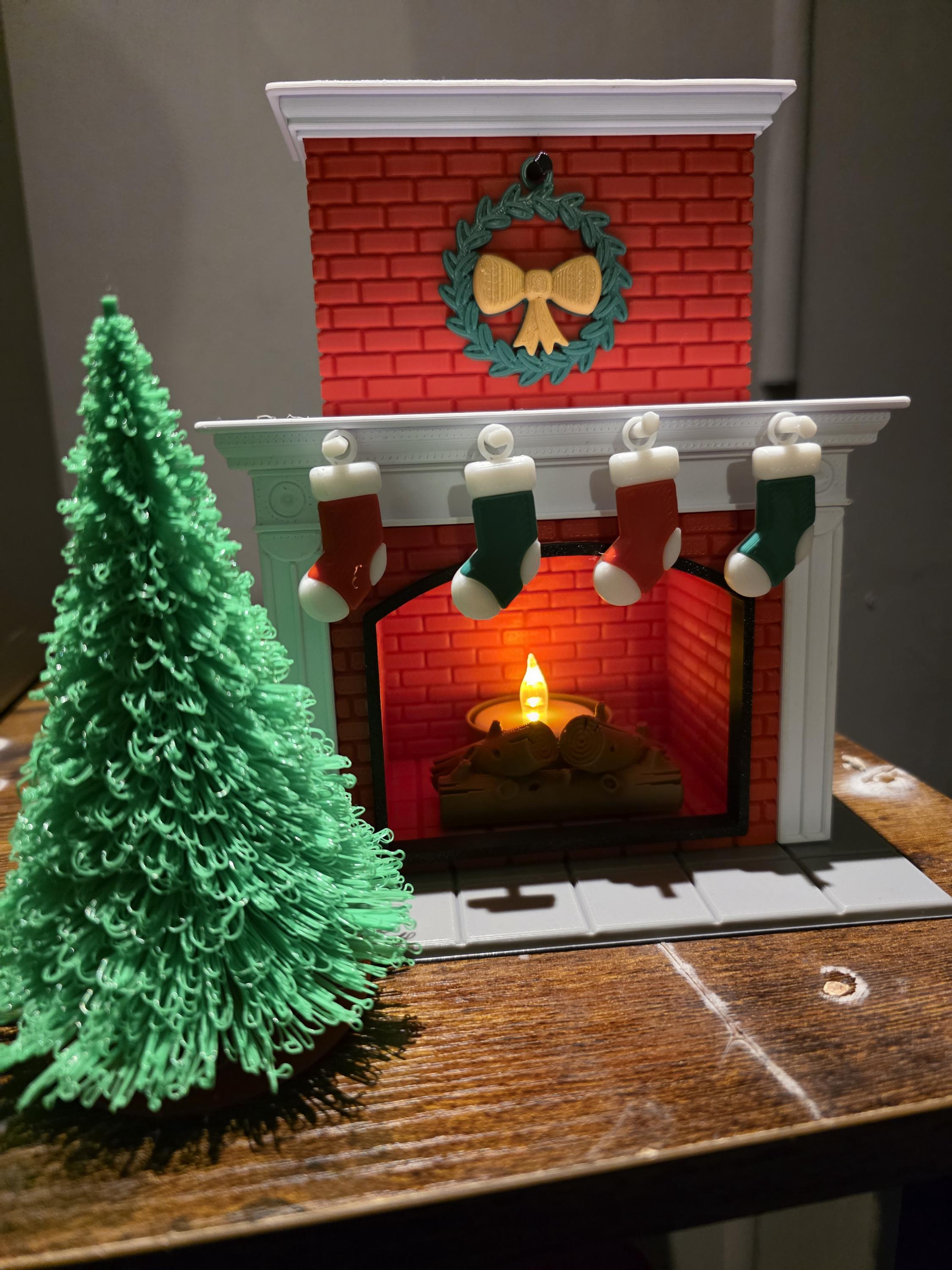 3D Printed Christmas Fireplace Scene with Flickering Tea Light