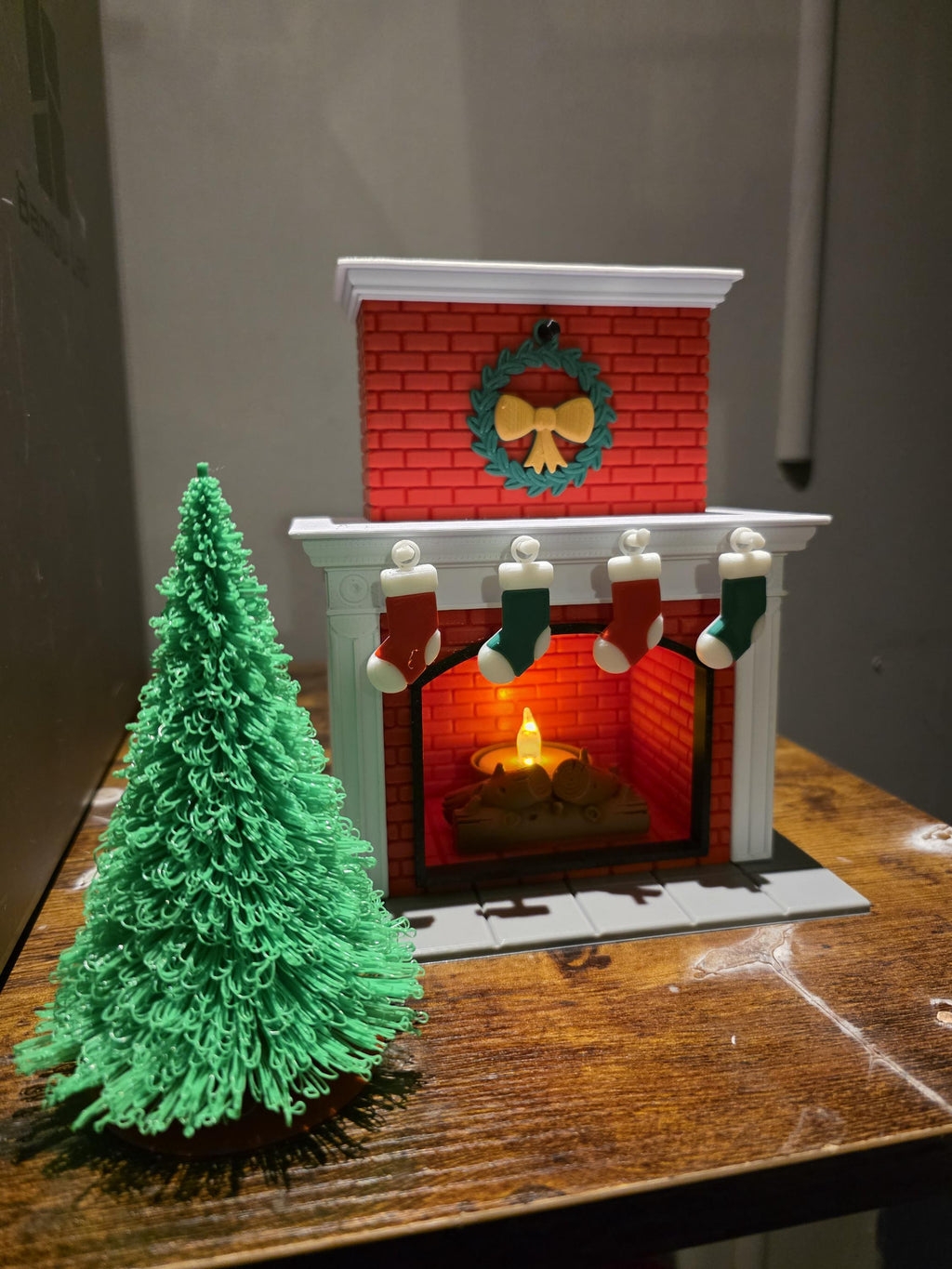 3D Printed Christmas Fireplace Scene with Flickering Tea Light